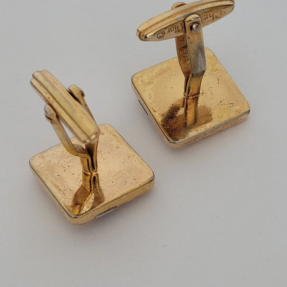 Christian Dior Vintage Cufflinks Two Tone Gold Silver Logo Germany Square Mens